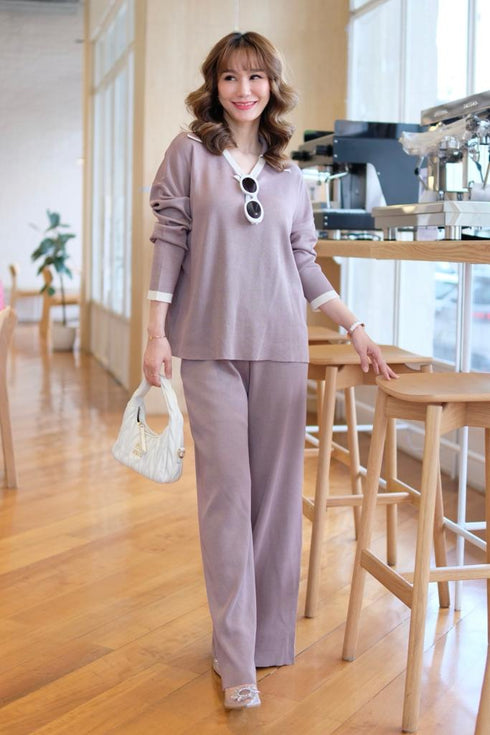 Casual Color Contrast Sweater V-neck Loose Top With Pants